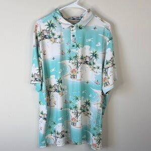 Walter Hagen Teal & White Beach Scene Golf Polo Shirt Men’s XXL